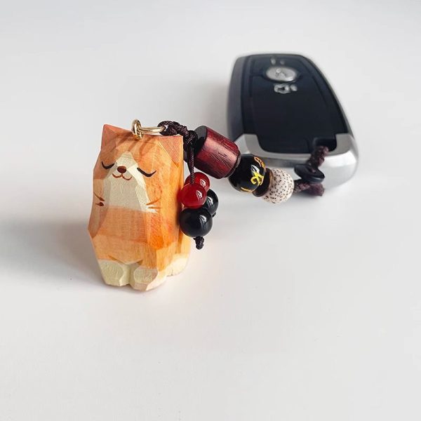 Orange Wooden Cat Keychain